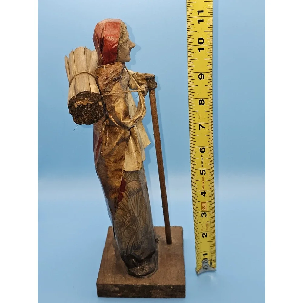 VINTAGE MEXICAN FOLK ART PAPER MACHE Old‎ Woman with Bundle on back and cane